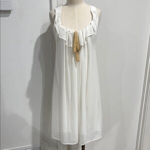 Lucca Couture Elegant White Flowy Dress with Ruffle Neckline and Tan Bow - L